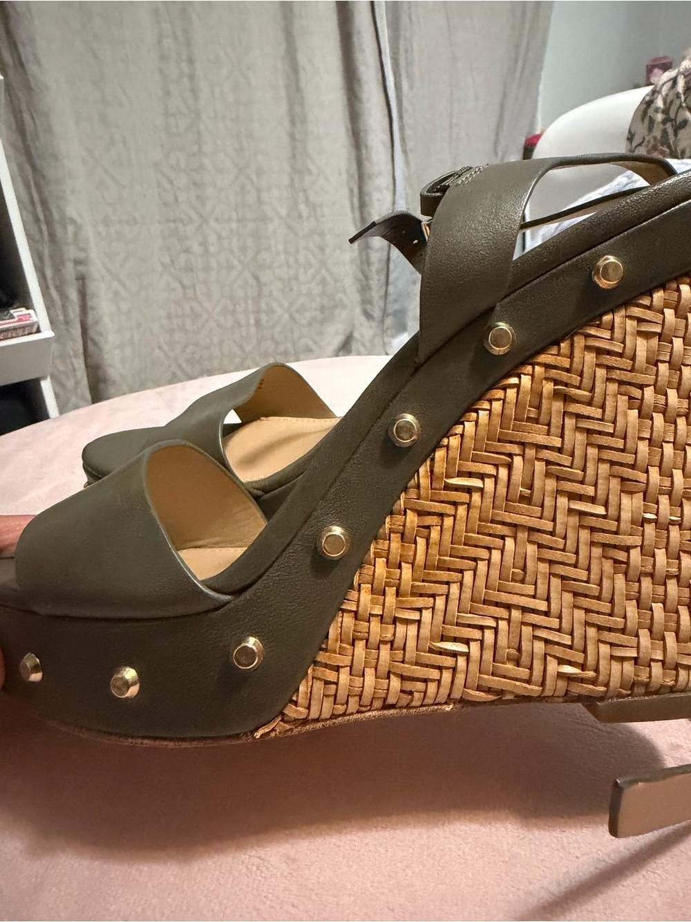 Michael Kors Women's Olive Green Wedge Sandals with Raffia Detail